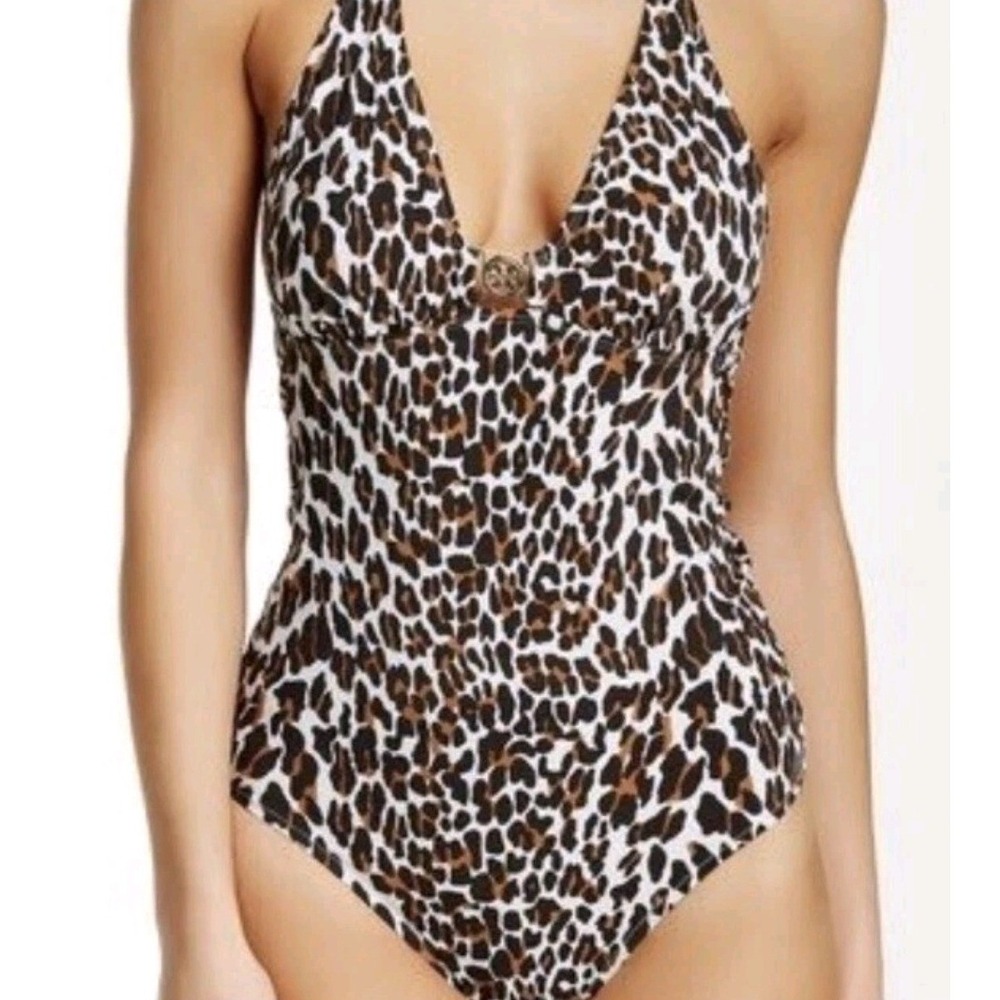 Tory Burch Leopard Print One Piece Swimsuit Womens Medium Brown Excellent Logo